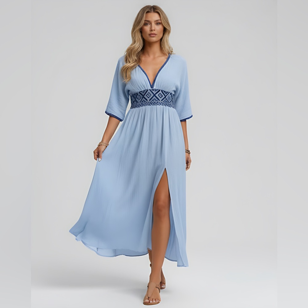 LAST ONE ๐ฅDeep V Neck Embrodered Waist Slit Dress Blue